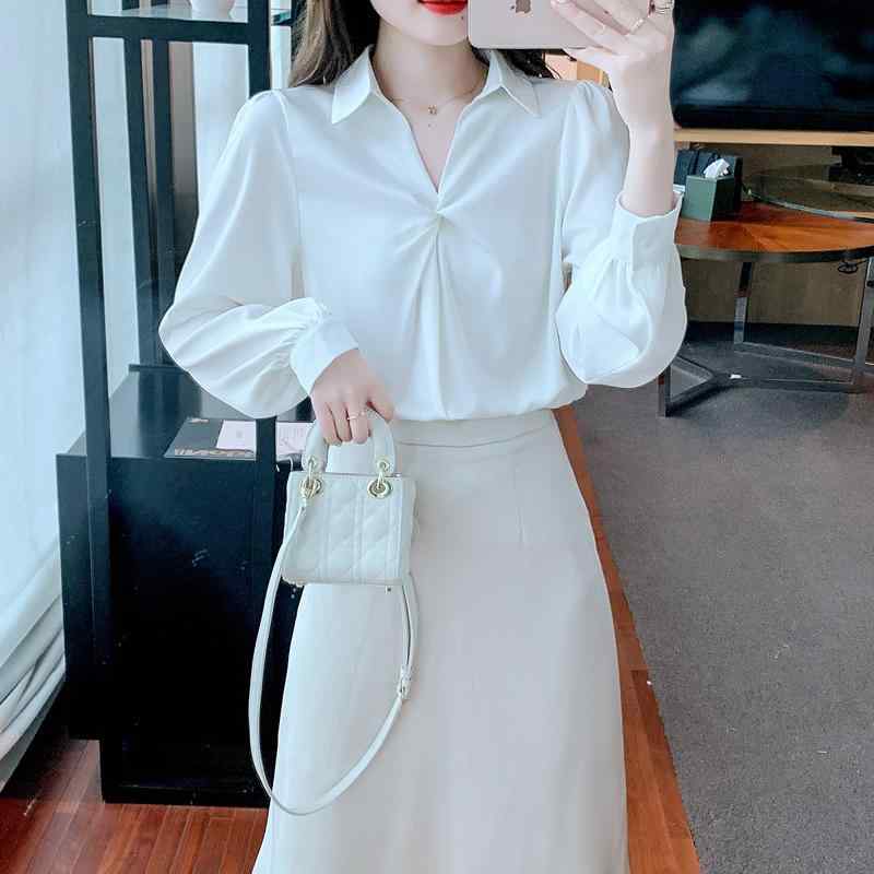 ファッション 服 オシャレ カワイイ シンプル 大カワイイ サイズ 婦服 長袖 シャツ 春秋 プリーツ 快 Vネック