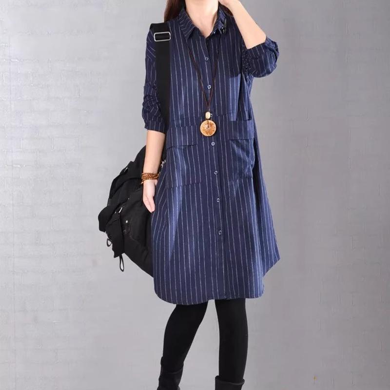 ファッション 服 オシャレ カワイイ シンプル 大カワイイ サイズ 婦服 ストライプ ミドル丈 シャツ 春秋 韓国スタイル スリム ゆったり 長袖 ドレス
