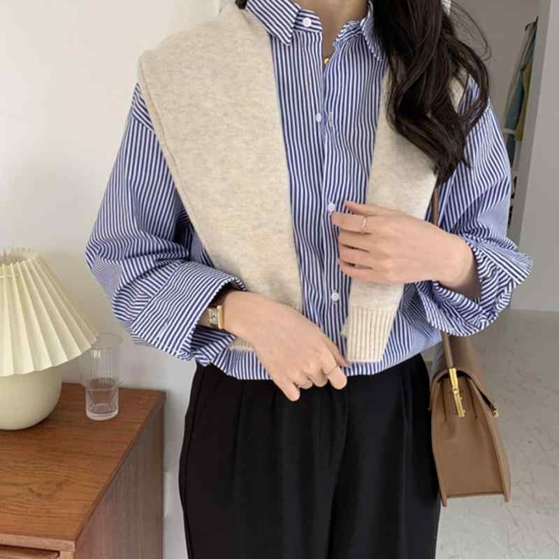 ファッション 服 オシャレ カワイイ シンプル 大カワイイ サイズ 婦服 ブルー シャツ 青 白 縦縞 ウェア 長袖 ハイエンド(4)