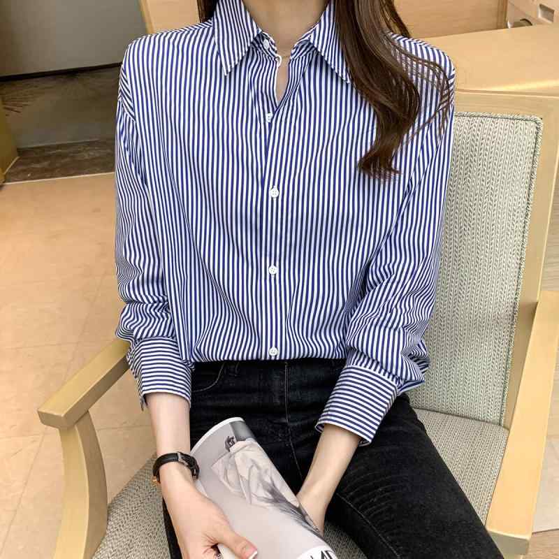 ファッション 服 オシャレ カワイイ シンプル 大カワイイ サイズ 婦服 春秋 シャツ フレンチ ストライプシャツ スリム ポロ 襟 長袖 トップス