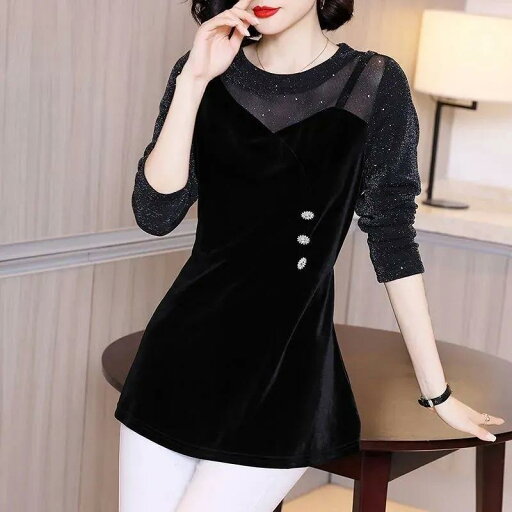 ファッション 服 オシャレ カワイイ シンプル 大カワイイ サイズ 婦服 黒 レース トップス 春秋インナー フェイクツーピース 長袖 ゴールド T シャツ ファッション 服 オシャレ カワイイ シンプル 大カワイイ サイズ 婦服 黒 レース トップス 春秋インナー フェイクツーピース 長袖 ゴールド T シャツ