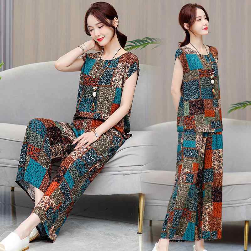 ファッション 服 オシャレ カワイイ シンプル 大カワイイ サイズ 婦服 綿 スーツ サマー ドレス 半袖 トップス 九分丈 ワイド レッグ パンツカジュアル