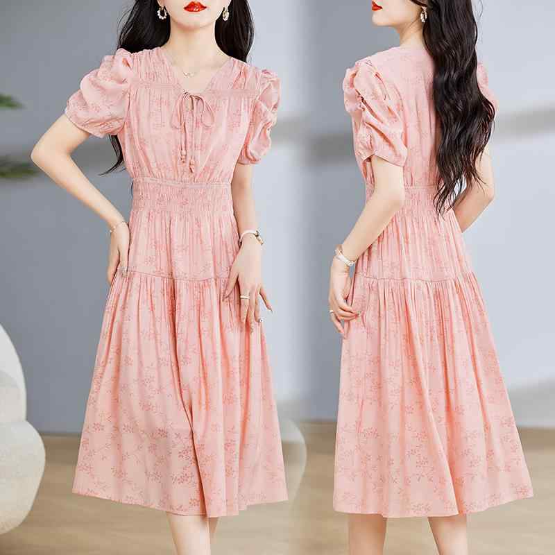 ファッション 服 オシャレ カワイイ シンプル 大カワイイ サイズ 婦服 ワンピース 夏 カジュアル ストレッチプリント スカート ミドル丈 ドレス(4)