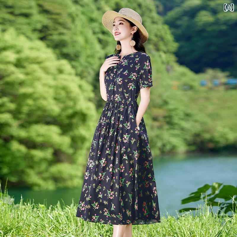 ファッション 服 オシャレ カワイイ シンプル 大カワイイ サイズ 婦服 ワンピース 夏 エレガント 花柄 パフスリーブスリム ドレス プリント ラウンドネック フェアリー スカート