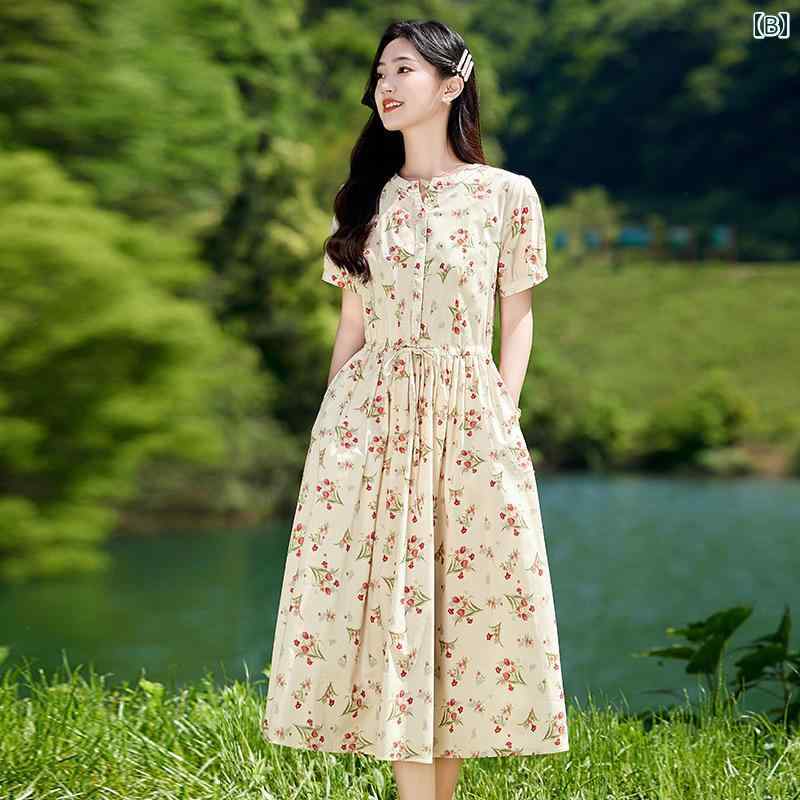 ファッション 服 オシャレ カワイイ シンプル 大カワイイ サイズ 婦服 ワンピース 夏 エレガント 花柄 パフスリーブスリム ドレス プリント ラウンドネック フェアリー スカート