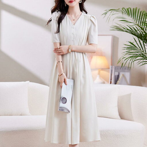 ファッション 服 オシャレ カワイイ シンプル 大カワイイ サイズ 婦服 ワンピース 夏 フレンチ クール 快 ドレス Vネックドレープ ミドル丈 スカート ファッション 服 オシャレ カワイイ シンプル 大カワイイ サイズ 婦服 ワンピース 夏 フレンチ クール 快 ドレス Vネックドレープ ミドル丈 スカート