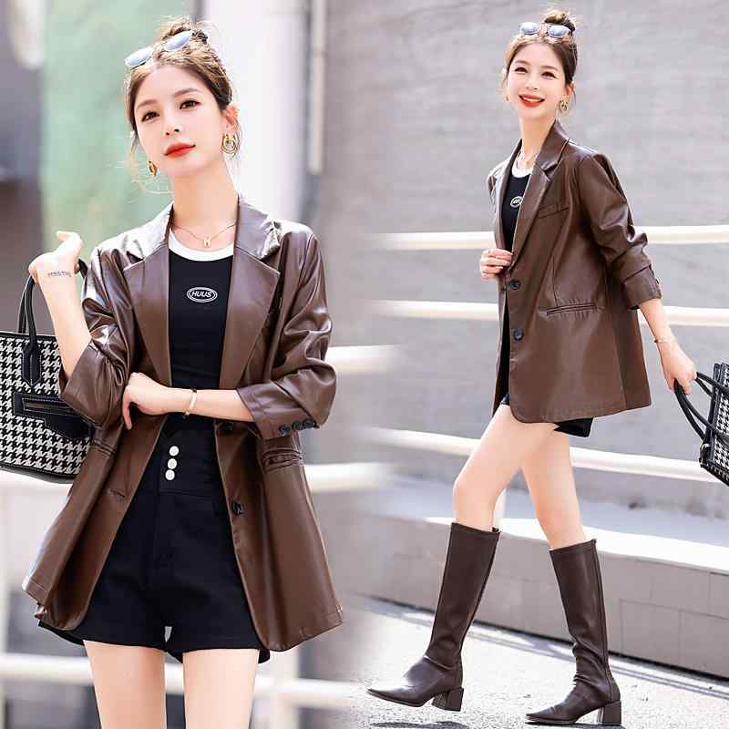 ファッション 服 オシャレ カワイイ シンプル 大カワイイ サイズ 婦服 秋 ハイエンド ブラウン スーツ エコ レザージャケット カジュアル スリムトップス