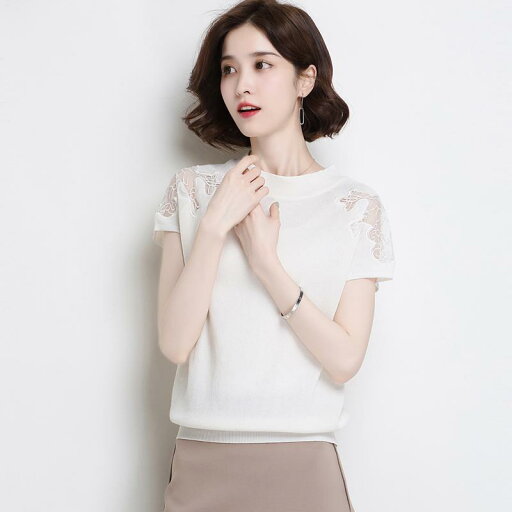 ファッション 服 オシャレ カワイイ シンプル 大カワイイ サイズ 婦服 夏 ニット 半袖 レース T シャツ ホワイト トップス ファッション 服 オシャレ カワイイ シンプル 大カワイイ サイズ 婦服 夏 ニット 半袖 レース T シャツ ホワイト トップス