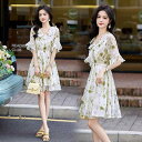 ファッション 服 オシャレ カワイイ シンプル 大カワイイ サイズ 婦服 ワンピース 夏 カジュアル Vネック レース スカートエレガント プリント フェアリー...