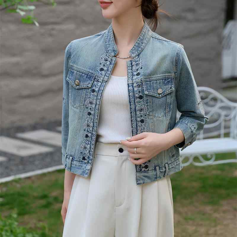 ファッション 服 オシャレ カワイイ シンプル 大カワイイ サイズ 婦服 春秋 ビーズ デニムジャケット カジュアル トップス