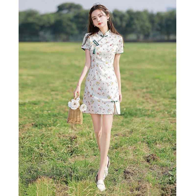 ファッション 服 オシャレ カワイイ シンプル 大カワイイ サイズ 婦服 ワンピース 花柄 チャイナ ドレス 夏 女子