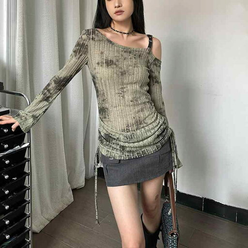 ファッション 服 オシャレ カワイイ シンプル 大カワイイ サイズ 婦服 アメリカン ガール 斜 オフショルダー 長袖 セーター タイダイ柄 プリーツ スリム イレギュラー トップス ファッション 服 オシャレ カワイイ シンプル 大カワイイ サイズ 婦服 アメリカン ガール 斜 オフショルダー 長袖 セーター タイダイ柄 プリーツ スリム イレギュラー トップス