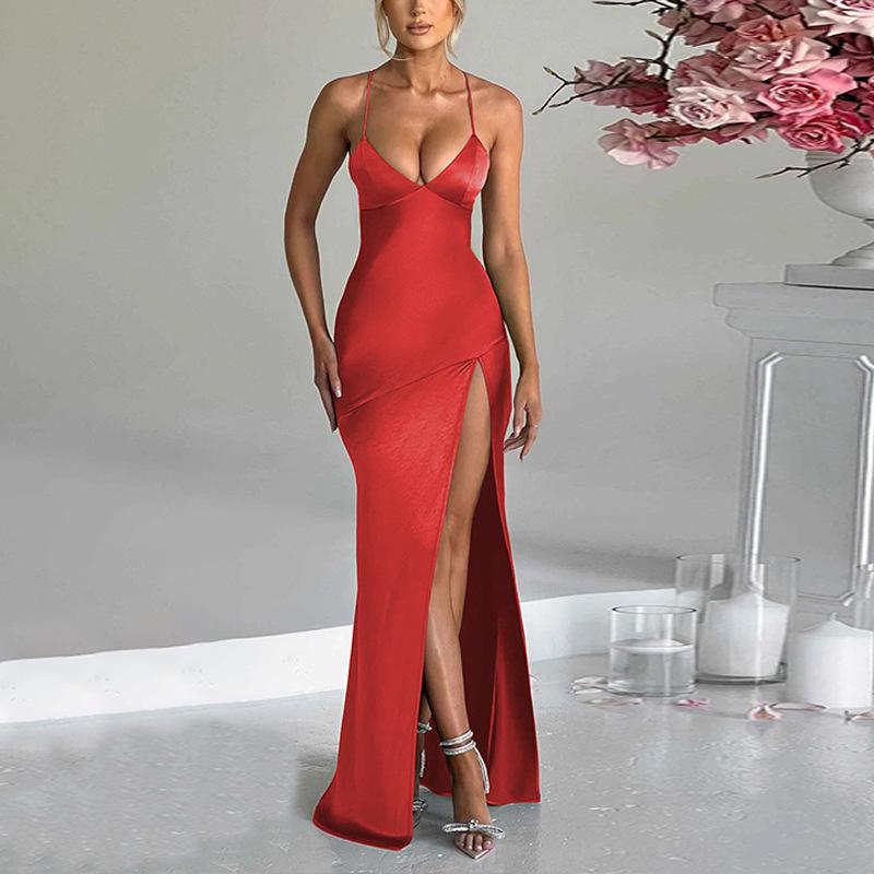 ファッション 服 オシャレ カワイイ シンプル 大カワイイ サイズ 婦服 ワンピース Vネック ストラップ スリムフィット ミドル丈 ドレス ヒップ スカート