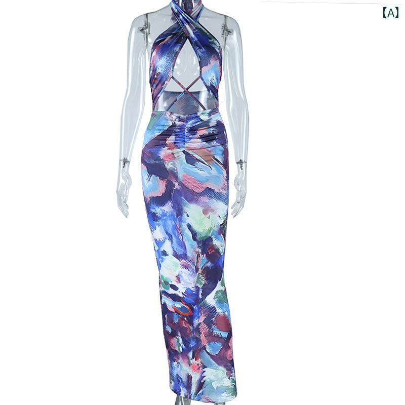 ファッション 服 オシャレ カワイイ シンプル 大カワイイ サイズ 婦服 ワンピース アメリカン ホルターネック ドレス プリントノースリーブ スカート ヒップ