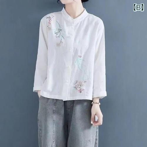 ファッション 服 オシャレ カワイイ シンプル 大カワイイ サイズ 婦服 春秋 コットンリネン シャツ レトロ リネン ボタン 長袖 スタンドカラー