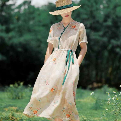 ファッション 服 オシャレ カワイイ シンプル 大カワイイ サイズ 婦服 ワンピース フレンチ ティーブレイク ドレス 夏 ラミー プリント Vネック ミドル丈 スカート スリム 綿 リネン aライン ファッション 服 オシャレ カワイイ シンプル 大カワイイ サイズ 婦服 ワンピース フレンチ ティーブレイク ドレス 夏 ラミー プリント Vネック ミドル丈 スカート スリム 綿 リネン aライン