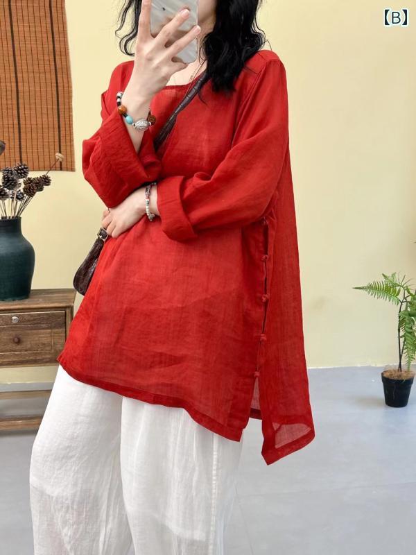 ファッション 服 オシャレ カワイイ シンプル 大カワイイ サイズ 婦服 シングル 夏 ミドル丈 ラミー サイド プレート ボタン シャツ