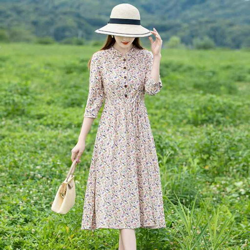 ファッション 服 オシャレ カワイイ シンプル 大カワイイ サイズ 婦服 ワンピース 高級感 シングル 七分袖 綿麻 花柄 ドレス ファッション 服 オシャレ カワイイ シンプル 大カワイイ サイズ 婦服 ワンピース 高級感 シングル 七分袖 綿麻 花柄 ドレス