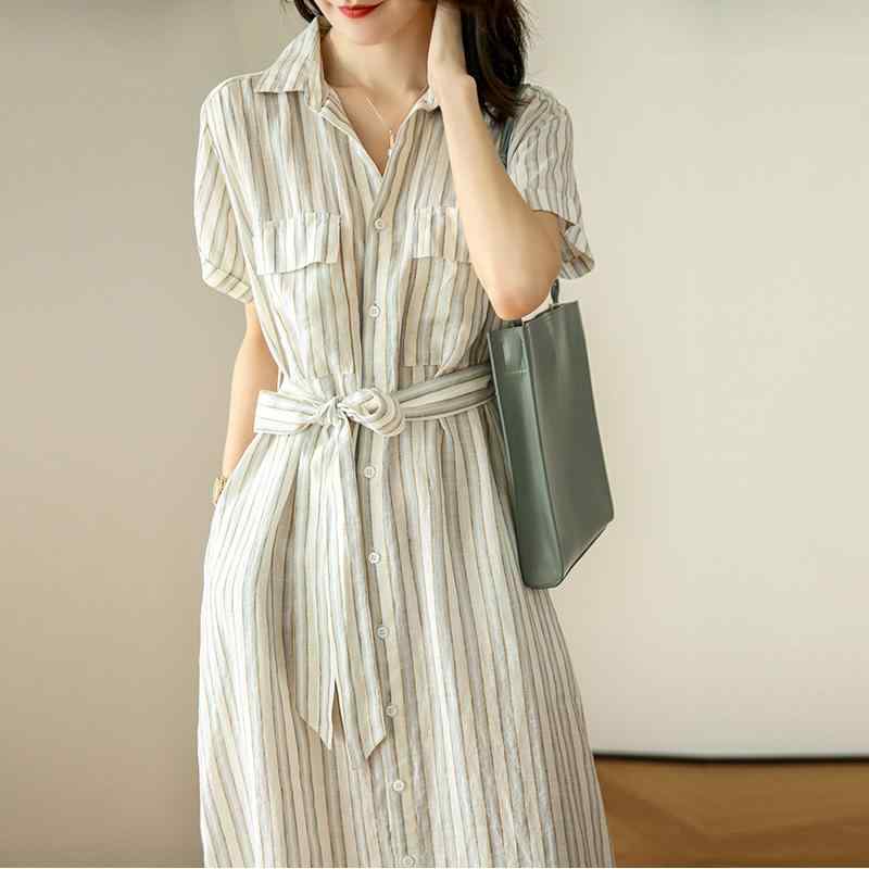 ファッション 服 オシャレ カワイイ シンプル 大カワイイ サイズ 婦服 ワンピース ハイエンド シングルタイ 縦 ストライプ 半袖 シャツ ドレス