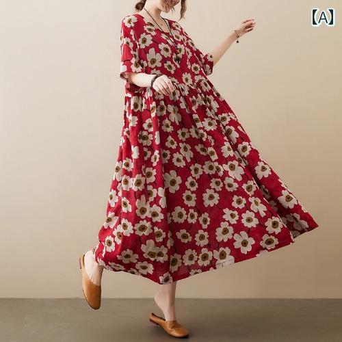 ファッション 服 オシャレ カワイイ シンプル 大カワイイ サイズ 婦服 ワンピース 夏 エスニック レトロ ゆったり スリム 花 半袖 ドレス スイング