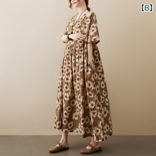ファッション 服 オシャレ カワイイ シンプル 大カワイイ サイズ 婦服 ワンピース 夏 エスニック レトロ ゆったり スリム 花 半袖 ドレス スイング