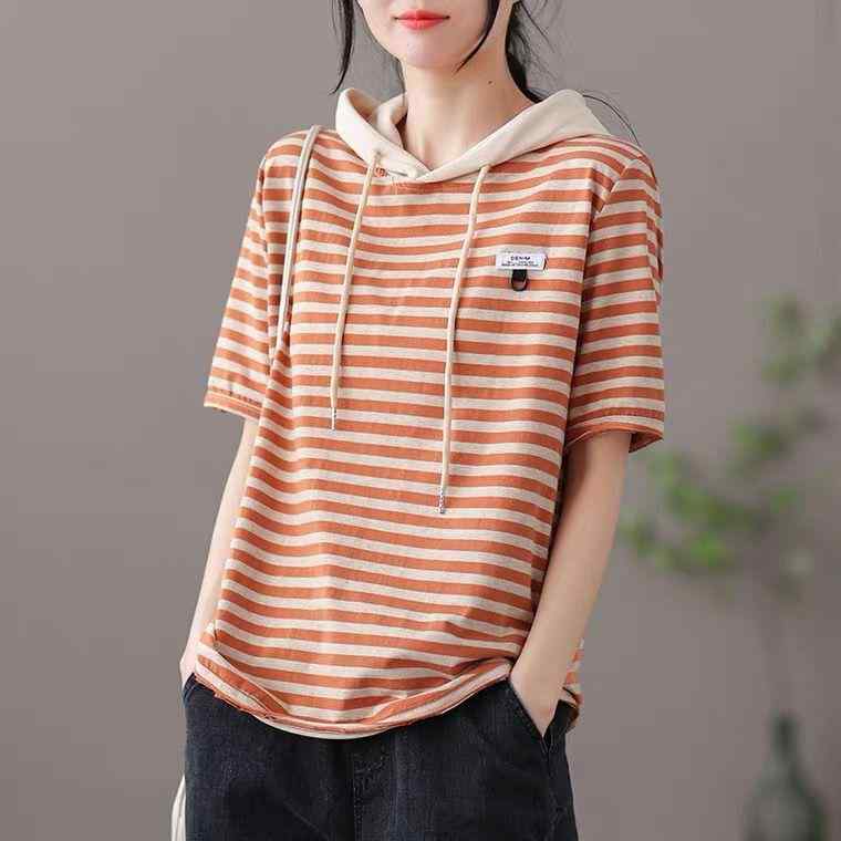 ファッション 服 オシャレ カワイイ シンプル 大カワイイ サイズ 婦服 ストライプ フード 半袖 T シャツ トップス