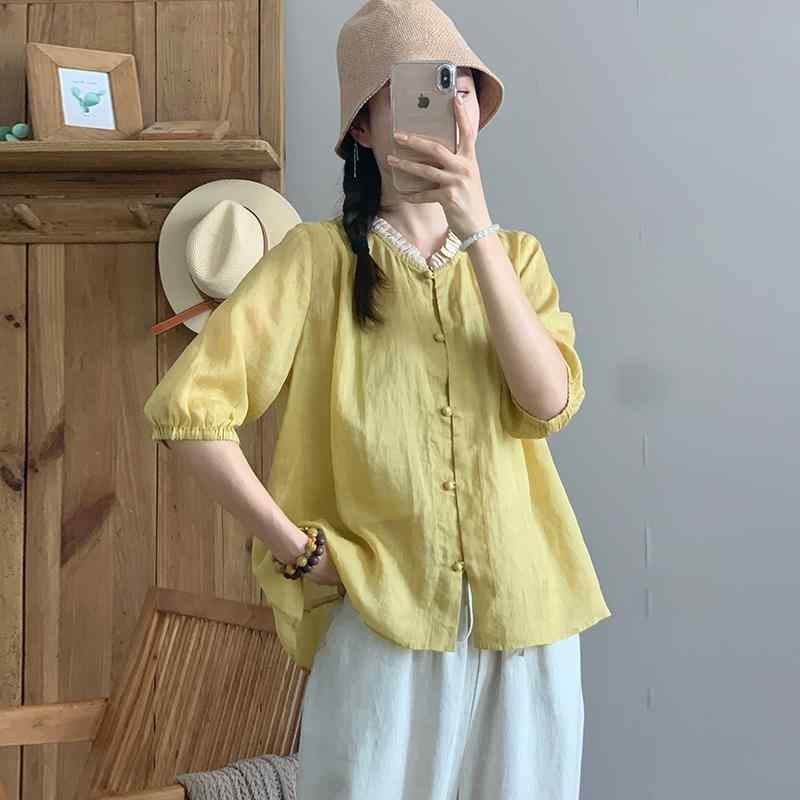 ファッション 服 オシャレ カワイイ シンプル 大カワイイ サイズ 婦服 レトロ 夏 半袖 ゆったり 綿 麻 シャツ