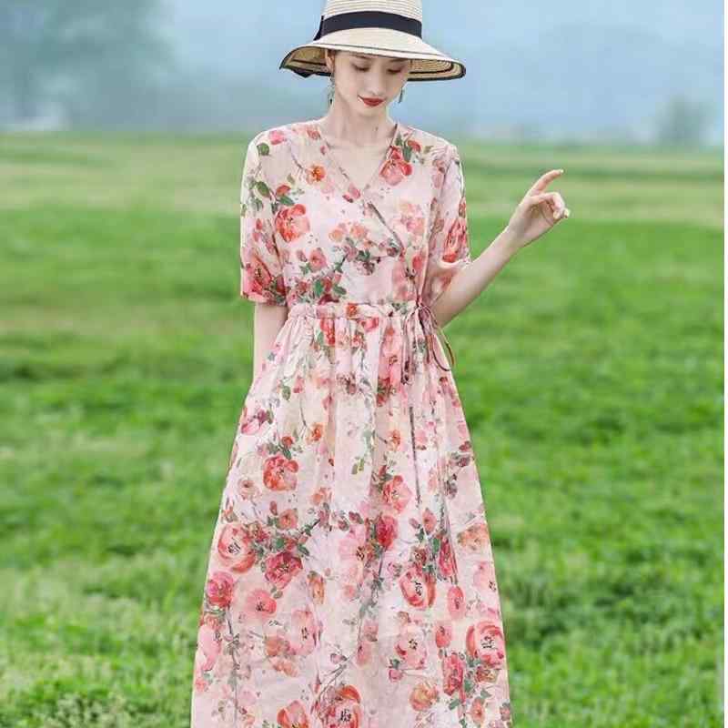 ファッション 服 オシャレ カワイイ シンプル 大カワイイ サイズ 婦服 ワンピース ドレス ラミー 薄手 綿 リネン 花柄 ミドル丈 aライン スカート