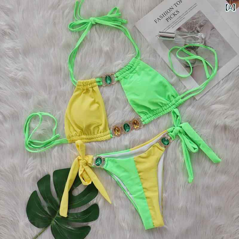 リコットのクリスタル ラインストーン ビキニ セパレート 水着 紐 レースアップ レディース 欧米スタイル風 セクシー｜アングル2