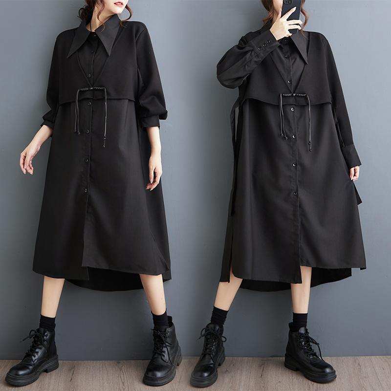 ファッション 服 オシャレ カワイイ シンプル 大カワイイ サイズ 婦服 ワンピース ハイエンド 秋 フェイクツーピース シャツ長袖 ドレス