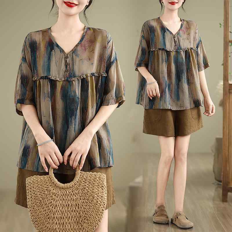 ファッション 服 オシャレ カワイイ シンプル 大カワイイ サイズ 婦服 夏 薄手 プリント T シャツ Vネック スリムトップス