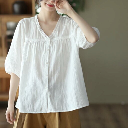 ファッション 服 オシャレ カワイイ シンプル 大カワイイ サイズ 婦服 シングル 夏 レトロ レース Vネック コットンシャツ カジュアル シャツ 半袖 トップス ファッション 服 オシャレ カワイイ シンプル 大カワイイ サイズ 婦服 シングル 夏 レトロ レース Vネック コットンシャツ カジュアル シャツ 半袖 トップス