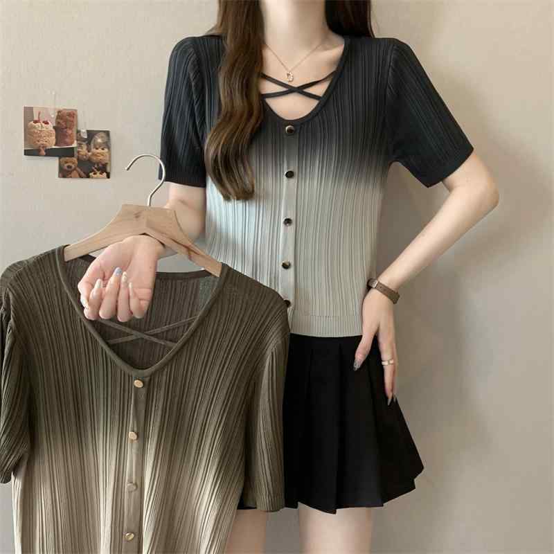 ファッション 服 オシャレ カワイイ シンプル 大カワイイ サイズ 婦服 夏 グラデーション 半袖 T シャツ ハイエンド トップス