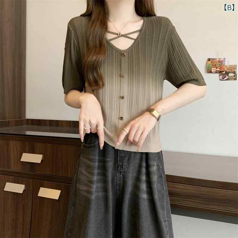 ファッション 服 オシャレ カワイイ シンプル 大カワイイ サイズ 婦服 夏 グラデーション 半袖 T シャツ ハイエンド トップス