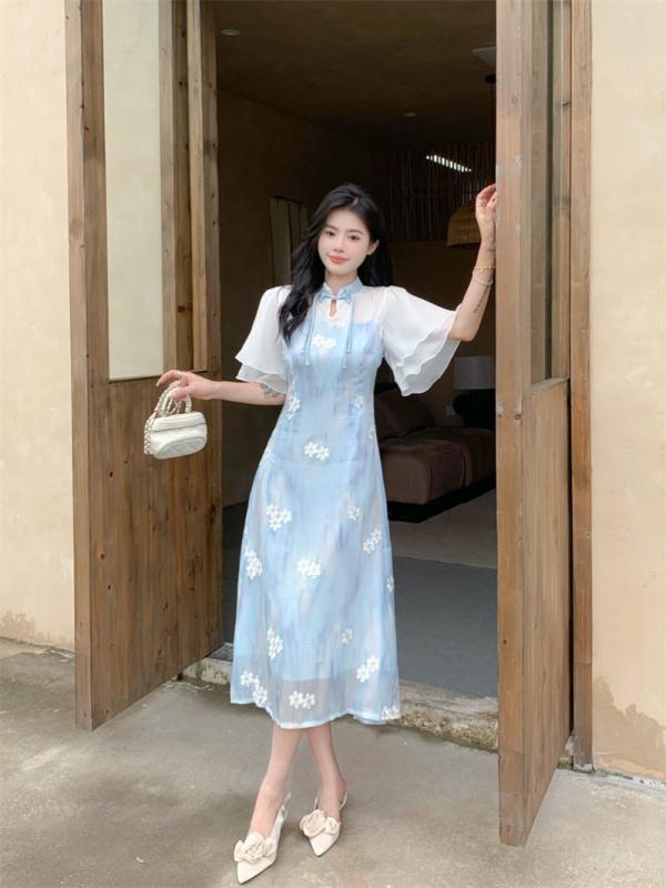 ファッション 服 オシャレ カワイイ シンプル 大カワイイ サイズ 婦服 ワンピース チャイナ ドレス 花柄 半袖