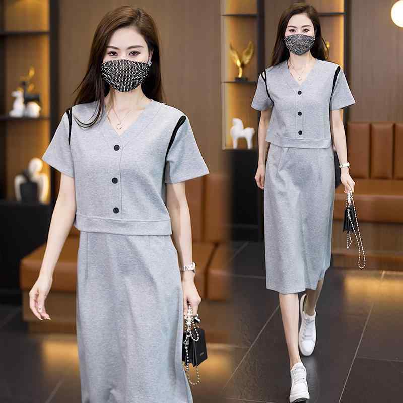 ファッション 服 オシャレ カワイイ シンプル 大カワイイ サイズ 婦服 ワンピース 夏 フェイクツーピース 半袖 ドレス