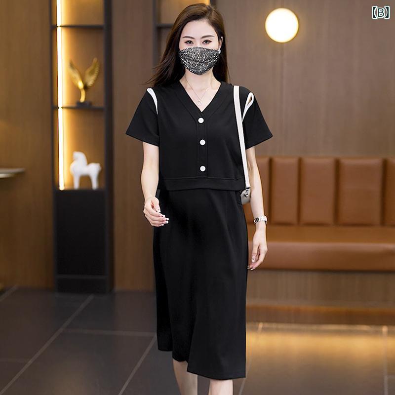 ファッション 服 オシャレ カワイイ シンプル 大カワイイ サイズ 婦服 ワンピース 夏 フェイクツーピース 半袖 ドレス