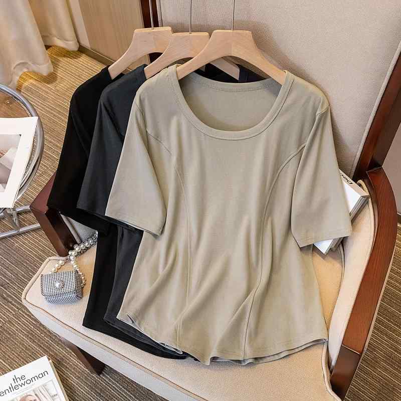 ファッション 服 オシャレ カワイイ シンプル 大カワイイ サイズ 婦服 ハイエンド 夏 カジュアル u 襟 半袖 T シャツ トップス(4)