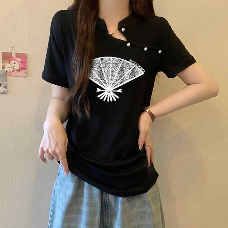 ファッション 服 オシャレ カワイイ シンプル 大カワイイ サイズ 婦服 夏 ゆったり 半袖 T シャツ ハーフ オープン カラー トップス(4)