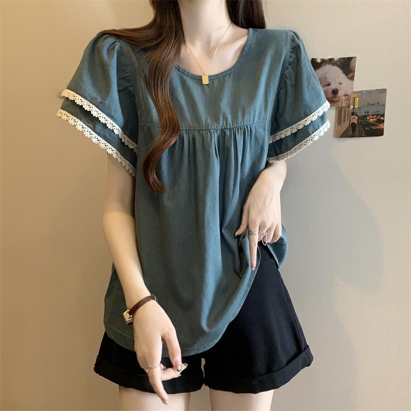 ファッション 服 オシャレ カワイイ シンプル 大カワイイ サイズ 婦服 フレンチ シングル サマー 半袖 T シャツ デニム トップス