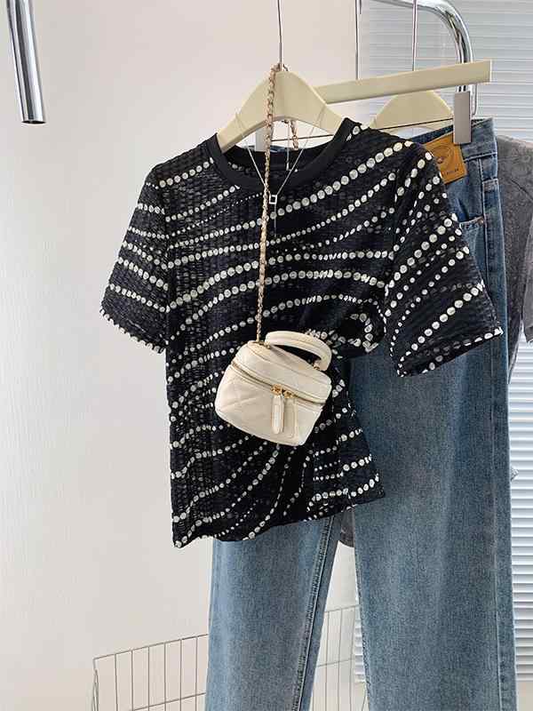 ファッション 服 オシャレ カワイイ シンプル 大カワイイ サイズ 婦服 フレンチ ポルカドット 半袖 T シャツ スリムトップス