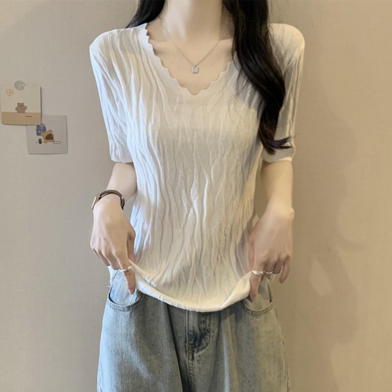 ファッション 服 オシャレ カワイイ シンプル 大カワイイ サイズ 婦服 夏 ガール 半袖 T シャツ Vネック スリムトップス