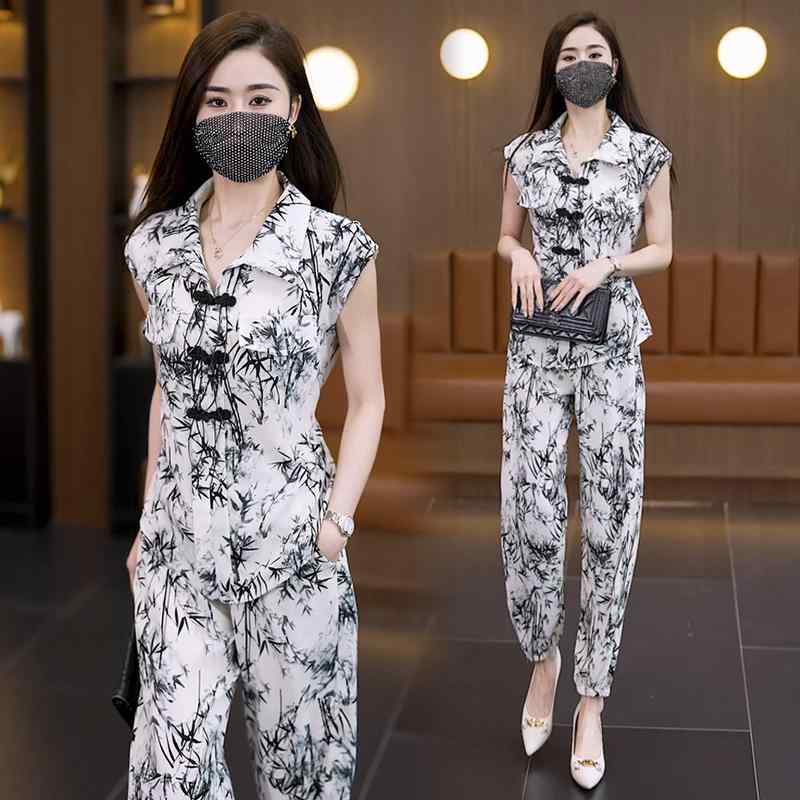 ファッション 服 オシャレ カワイイ シンプル 大カワイイ サイズ 婦服 カット 夏 レトロ ノースリーブ トップス カジュアルスーツ(4)