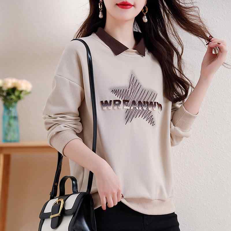 ファッション 服 オシャレ カワイイ シンプル 大カワイイ サイズ 婦服 襟 カラーマッチング フェイクツーピース トレーナー 春秋 トップス