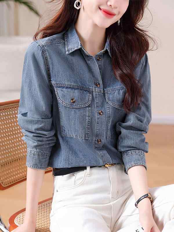 ファッション 服 オシャレ カワイイ シンプル 大カワイイ サイズ 婦服 フレンチ 長袖 デニムシャツ 春秋 カジュアル スリム シャツ