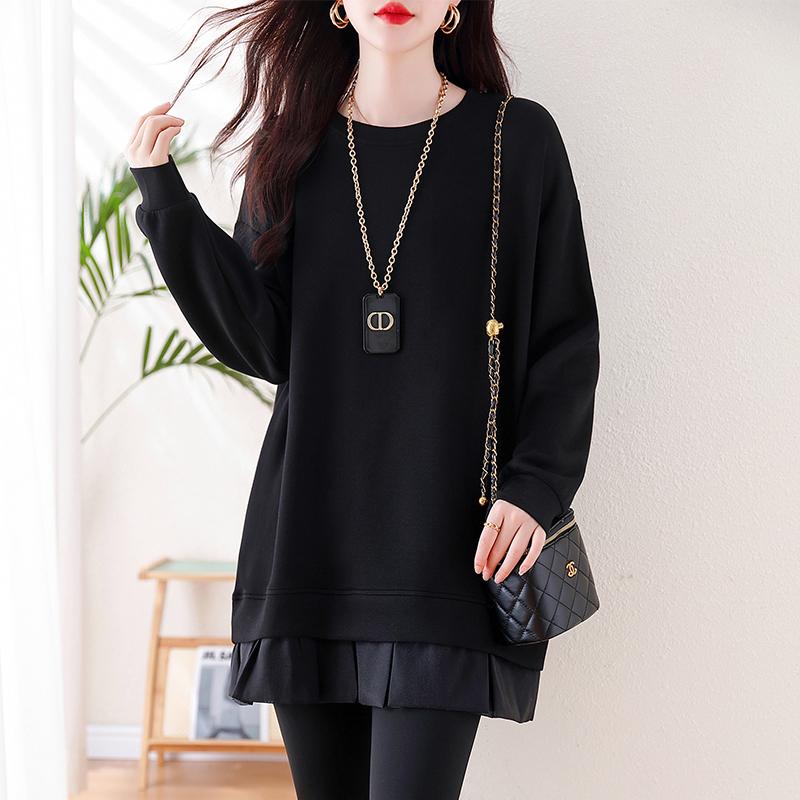 ファッション 服 オシャレ カワイイ シンプル 大カワイイ サイズ 婦服 春秋 オー ガンザ フリル ソリッドカラー ミドル丈 スウェットシャツ スリムトップス