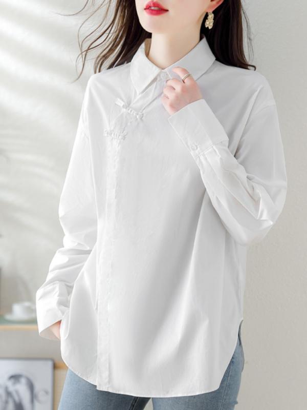 ファッション 服 オシャレ カワイイ シンプル 大カワイイ サイズ 婦服 シャツ 春 スリムトップス エスニック ディスク ボタン 斜前立