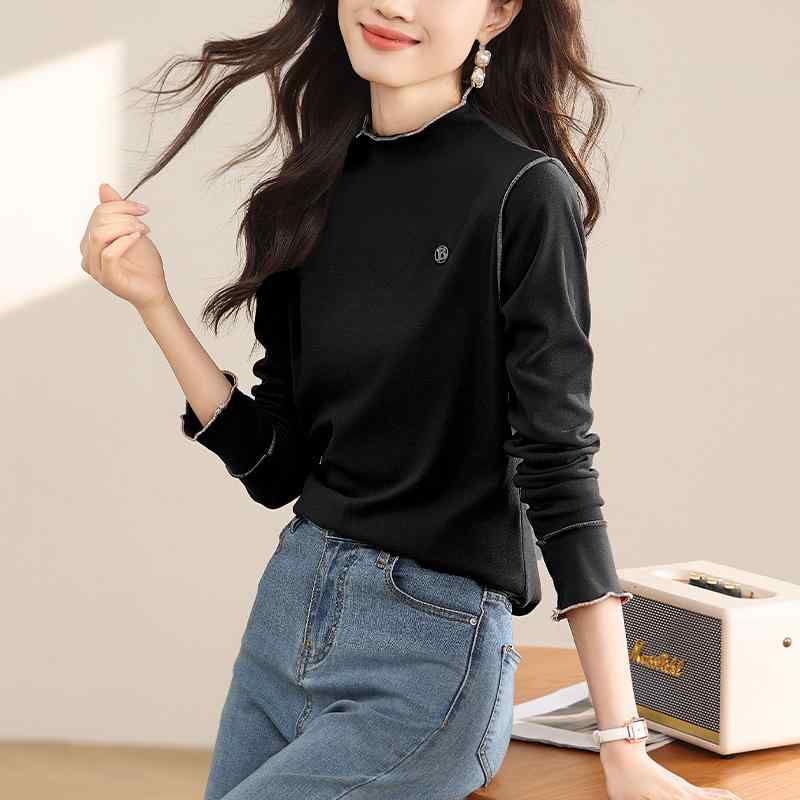 ファッション 服 オシャレ カワイイ シンプル 大カワイイ サイズ 婦服 ハーフ ハイネック クダメージ加工 厚手 シャツ 秋冬 スリム トップス