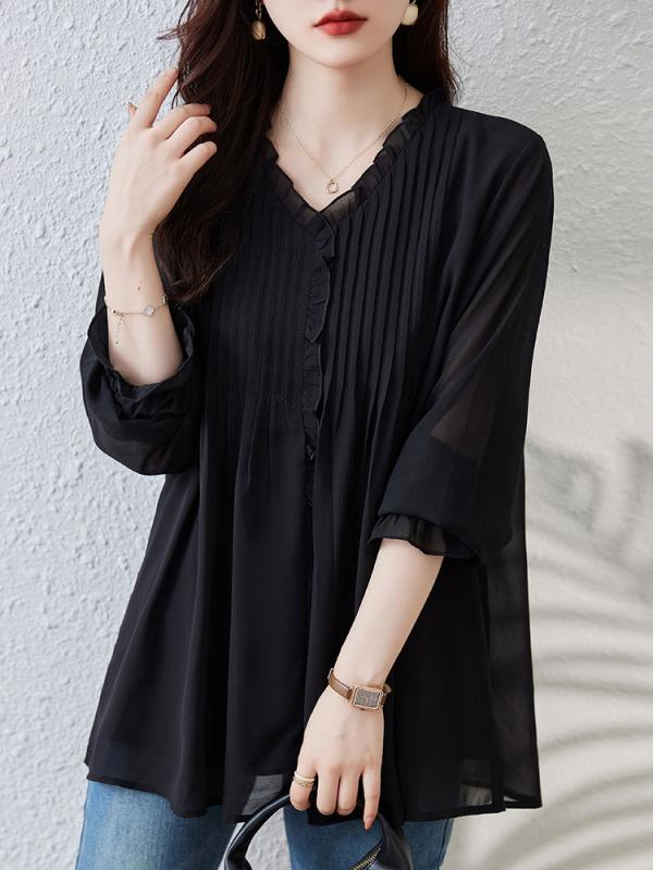 ファッション 服 オシャレ カワイイ シンプル 大カワイイ サイズ 婦服 シフォン シャツ 長袖 韓国スタイル Vネック ミディアム ゆったり スリムトップス ス