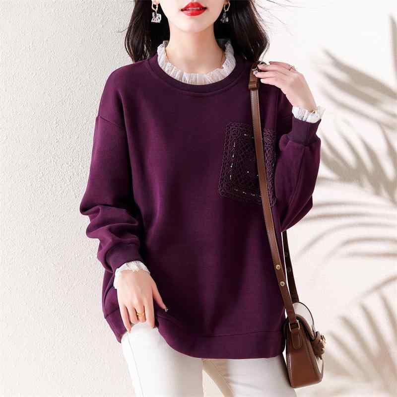 ファッション 服 オシャレ カワイイ シンプル 大カワイイ サイズ 婦服 レース ラウンドネック セーター 秋冬 フェイクツーピース トップス